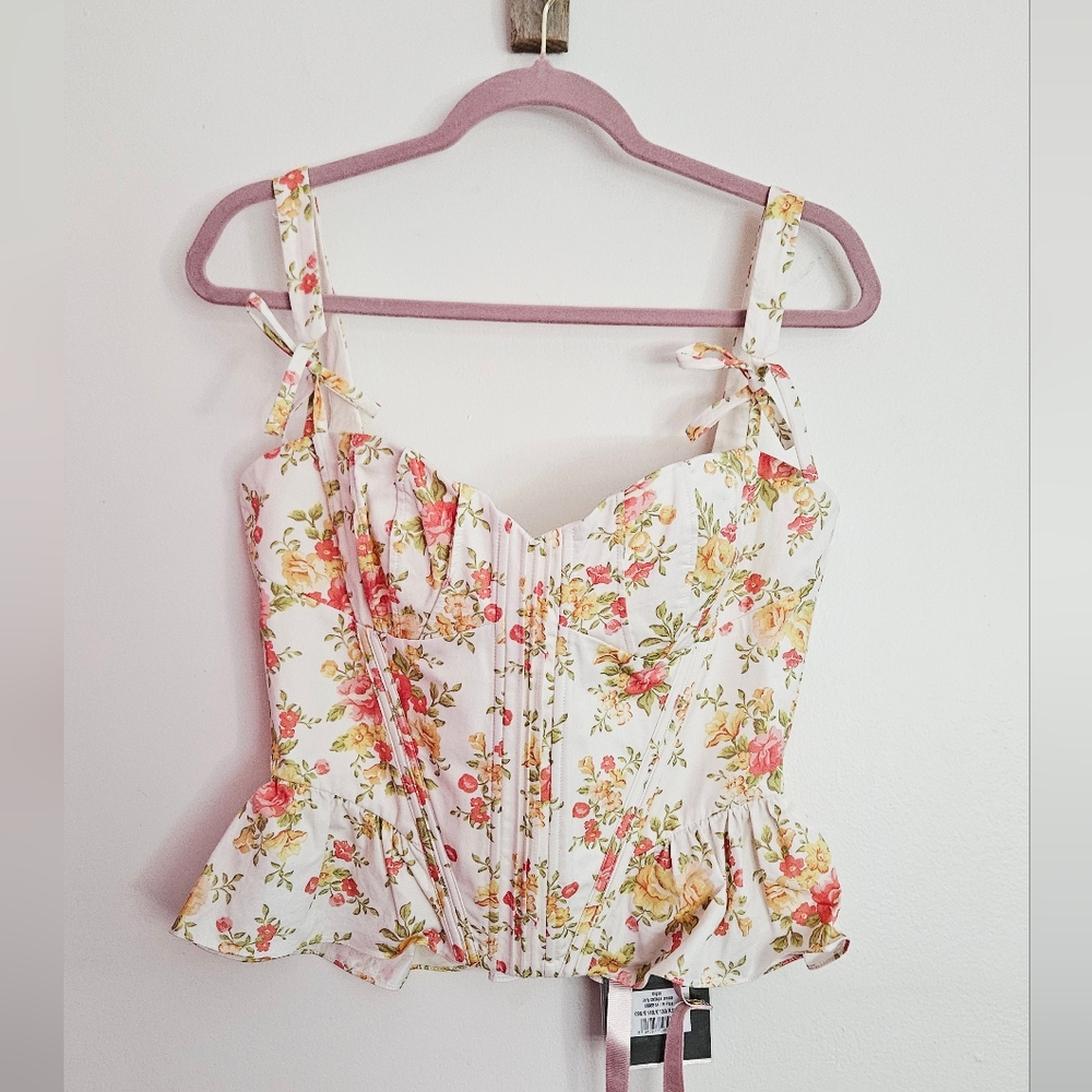 New House Of CB Gigou Royal Rose Print Peplum Cotton Corset Top - Picture 4 of 6